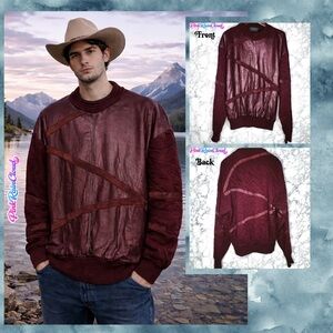 Saxony Leather Knit Sweater Men XL Maroon Vintage 80s Textured Pullover